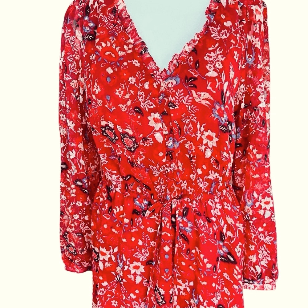 LOFT Red Floral Ruffle-Trim Button Blouse - Picture 5 of 12